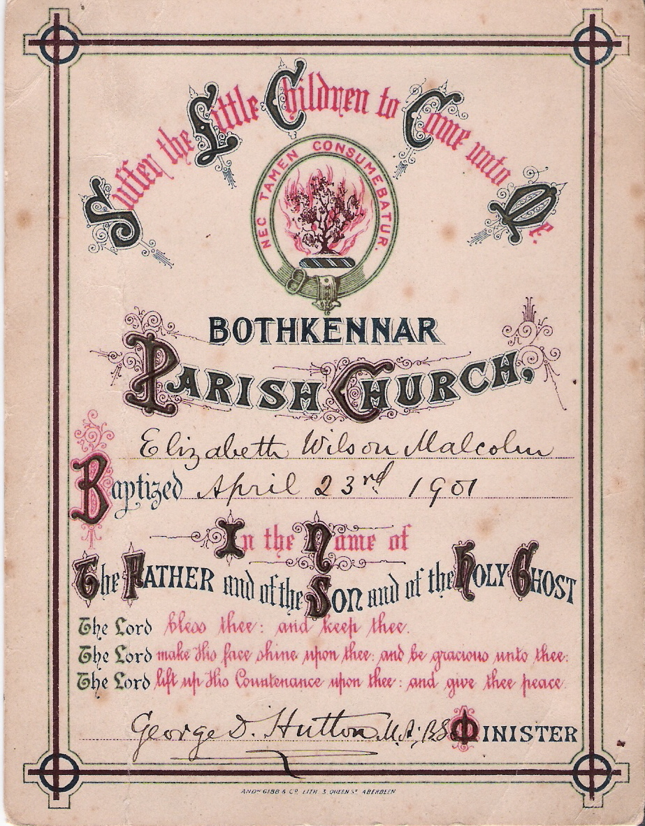 Elizabeth Malcolm 1901 Baptism Card, April 23, 1901, Linked To: <a href='i456.html' >Elizabeth Wilson Malcolm ¯</a>